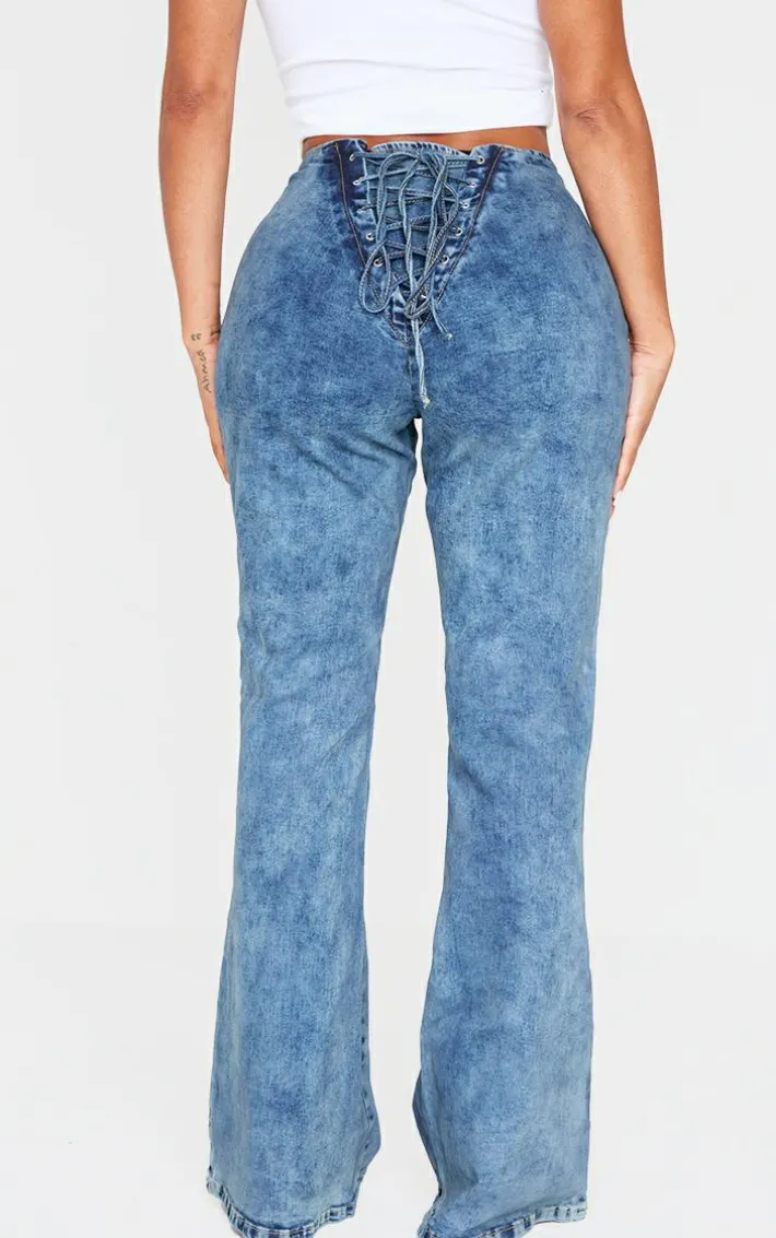 Shape Light Blue Wash Denim Lace Up Back Flare Jeans