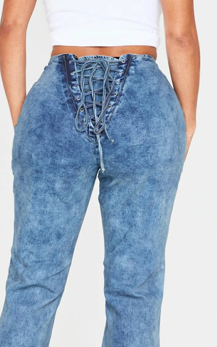 Shape Light Blue Wash Denim Lace Up Back Flare Jeans