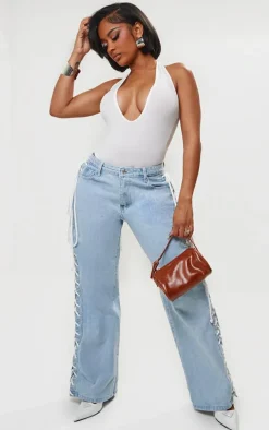Shape Light Blue Wash Denim Lace Up Detail Wide Leg Jeans