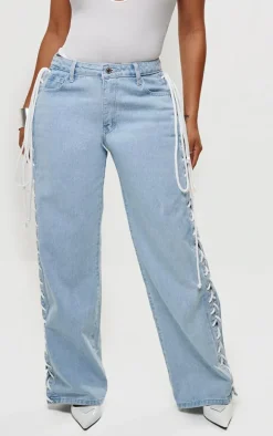 Shape Light Blue Wash Denim Lace Up Detail Wide Leg Jeans