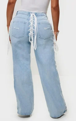 Shape Light Blue Wash Denim Lace Up Detail Wide Leg Jeans
