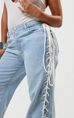 Shape Light Blue Wash Denim Lace Up Detail Wide Leg Jeans