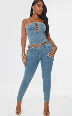 Shape Light Blue Wash Denim Bandeau Lace Up Detail Jumpsuit