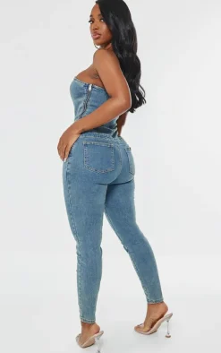 Shape Light Blue Wash Denim Bandeau Lace Up Detail Jumpsuit