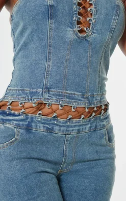 Shape Light Blue Wash Denim Bandeau Lace Up Detail Jumpsuit