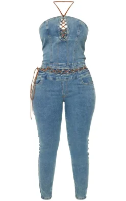 Shape Light Blue Wash Denim Bandeau Lace Up Detail Jumpsuit