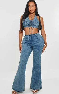 Shape Light Blue Wash Denim Lace Up Front Flare Jeans
