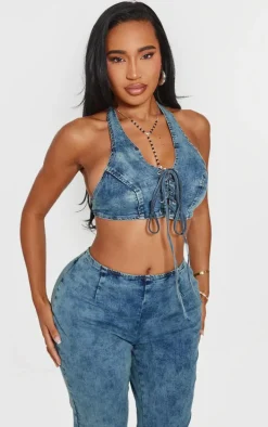 Shape Light Blue Wash Denim Halterneck Lace Up Front Crop Top
