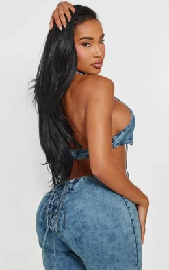 Shape Light Blue Wash Denim Halterneck Lace Up Front Crop Top