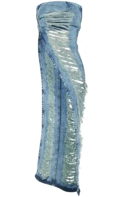 Shape Light Blue Wash Denim Bandeau Distressed Asymmetric Top