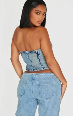Shape Light Blue Wash Denim Bandeau Distressed Lace Up Detail Corset