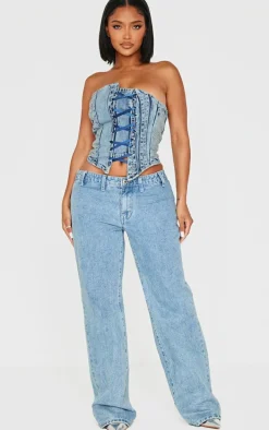 Shape Light Blue Wash Denim Bandeau Distressed Lace Up Detail Corset