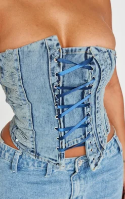 Shape Light Blue Wash Denim Bandeau Distressed Lace Up Detail Corset
