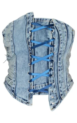 Shape Light Blue Wash Denim Bandeau Distressed Lace Up Detail Corset