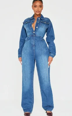 Shape Light Blue Wash Long Sleeve Rigid Denim Jumpsuit