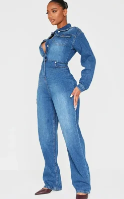 Shape Light Blue Wash Long Sleeve Rigid Denim Jumpsuit