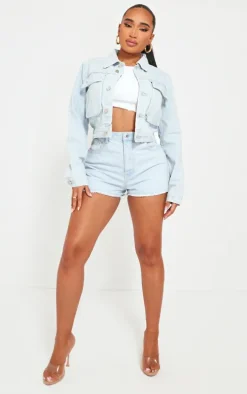 Shape Light Blue Wash Low Waist Frayed Hem Denim Shorts