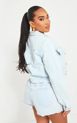 Shape Light Blue Wash Low Waist Frayed Hem Denim Shorts