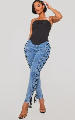 Shape Light Blue Washed Denim Lace Up Skinny Jeans