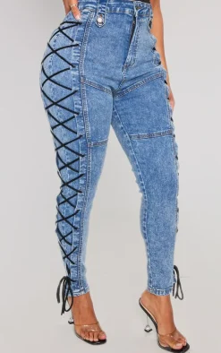 Shape Light Blue Washed Denim Lace Up Skinny Jeans