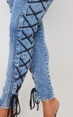 Shape Light Blue Washed Denim Lace Up Skinny Jeans