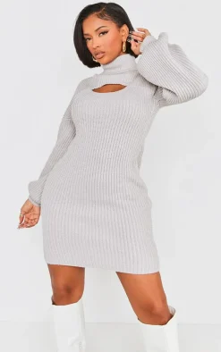 Shape Light Grey 2 In 1 High Neck Balloon Sleeve Bodycon Sweater Dress