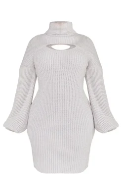 Shape Light Grey 2 In 1 High Neck Balloon Sleeve Bodycon Sweater Dress