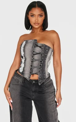 Shape Light Grey Denim Bandeau Distressed Lace Up Detail Corset