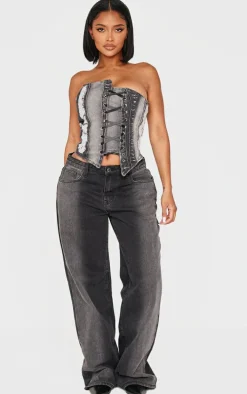 Shape Light Grey Denim Bandeau Distressed Lace Up Detail Corset