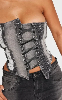 Shape Light Grey Denim Bandeau Distressed Lace Up Detail Corset