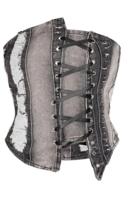 Shape Light Grey Denim Bandeau Distressed Lace Up Detail Corset