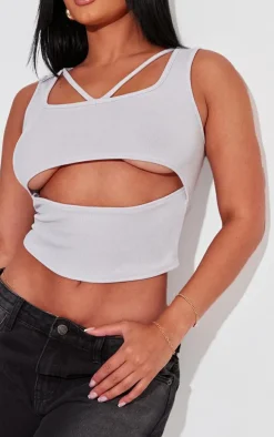 Shape Light Grey Ribbed Strap Detail Cut Out Crop Top