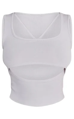 Shape Light Grey Ribbed Strap Detail Cut Out Crop Top