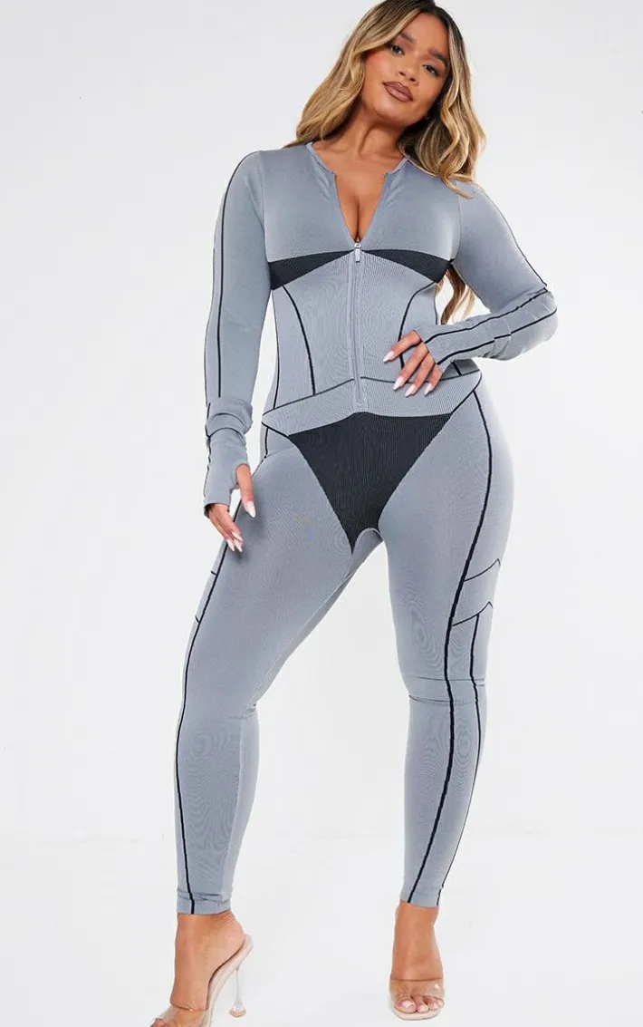 Shape Light Grey Seamless Contrast Long Sleeve Zip Through Jumpsuit