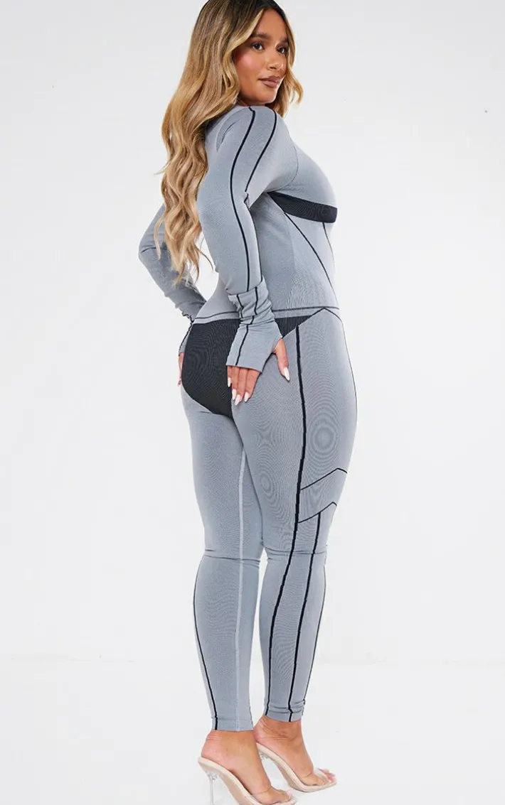 Shape Light Grey Seamless Contrast Long Sleeve Zip Through Jumpsuit