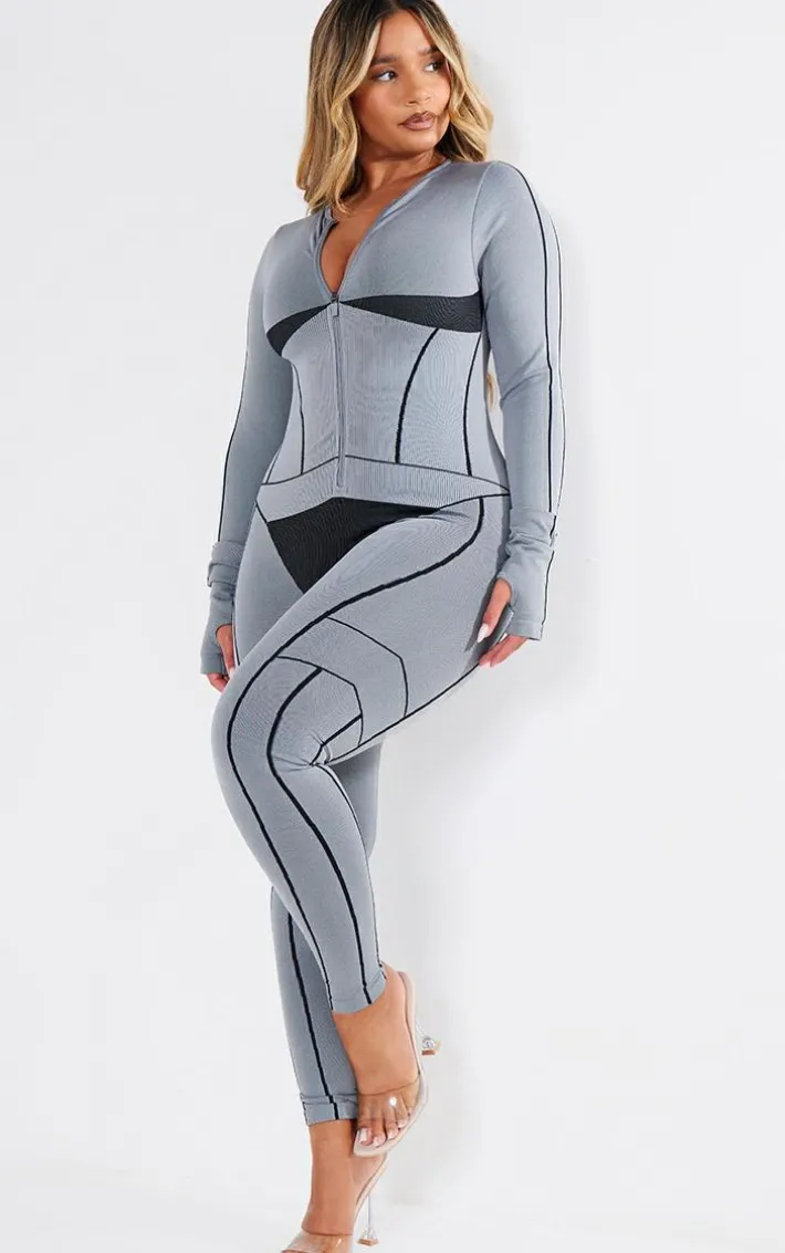 Shape Light Grey Seamless Contrast Long Sleeve Zip Through Jumpsuit
