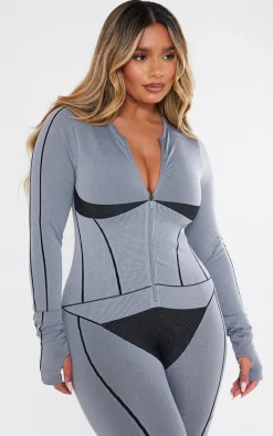 Shape Light Grey Seamless Contrast Long Sleeve Zip Through Jumpsuit
