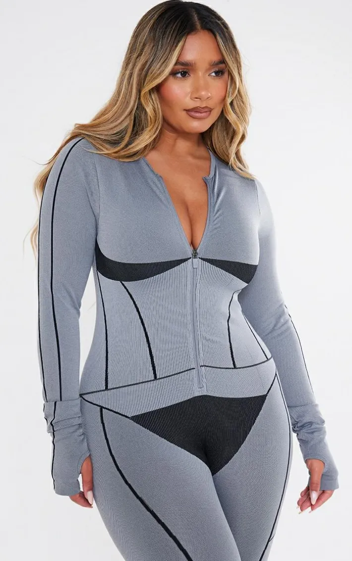 Shape Light Grey Seamless Contrast Long Sleeve Zip Through Jumpsuit