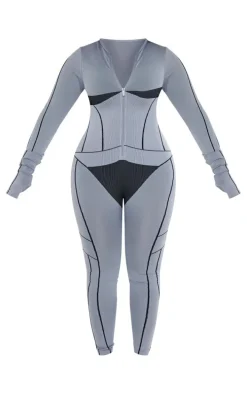 Shape Light Grey Seamless Contrast Long Sleeve Zip Through Jumpsuit