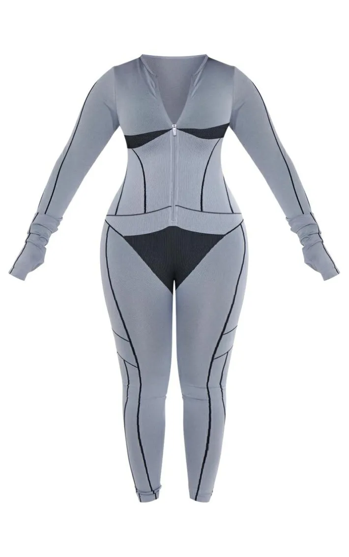 Shape Light Grey Seamless Contrast Long Sleeve Zip Through Jumpsuit