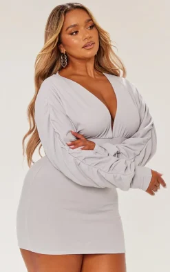 Shape Light Grey Soft Rib Plunge Ruched Sleeve Bodycon Dress
