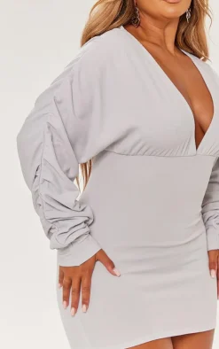Shape Light Grey Soft Rib Plunge Ruched Sleeve Bodycon Dress
