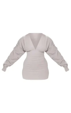 Shape Light Grey Soft Rib Plunge Ruched Sleeve Bodycon Dress