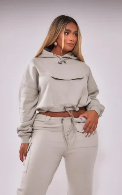 Shape Light Grey Toggle Waist Pocket Front Cropped Hoodie
