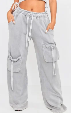 Shape Light Grey Washed Double Waistband Pocket Detail Wide Leg Sweatpants