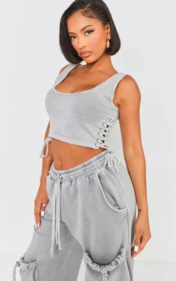 Shape Light Grey Washed Lace Up Toggle Scoop Neck Crop Top