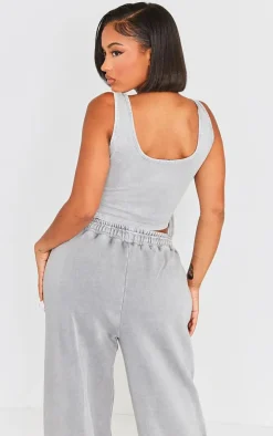 Shape Light Grey Washed Lace Up Toggle Scoop Neck Crop Top