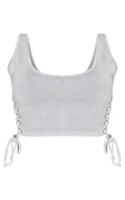 Shape Light Grey Washed Lace Up Toggle Scoop Neck Crop Top