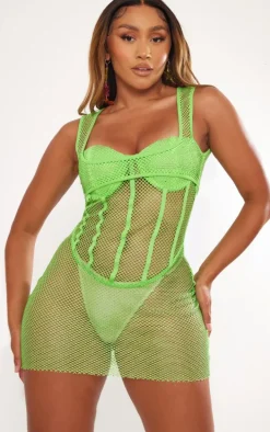 Shape Lime Glitter Fishnet Cup Detail Bodycon Dress