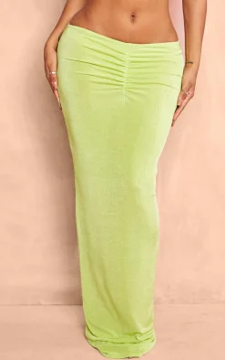 Shape Lime Slinky Acetate Low Rise Ruched Front Maxi Skirt